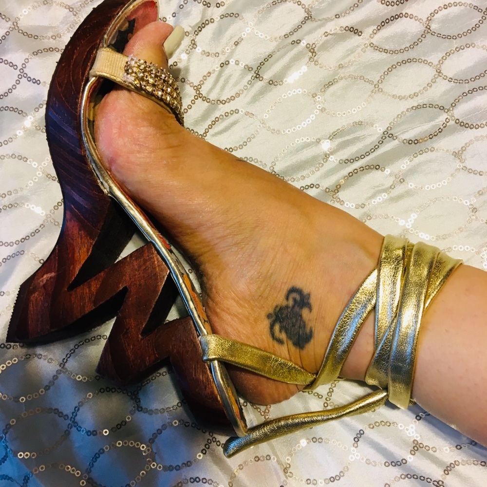 Strappy gold zigzag wood heels